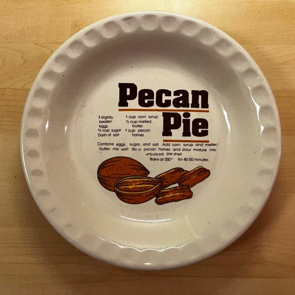 Vintage Pecan Pie Dish w/ Recipe. 10 inch.